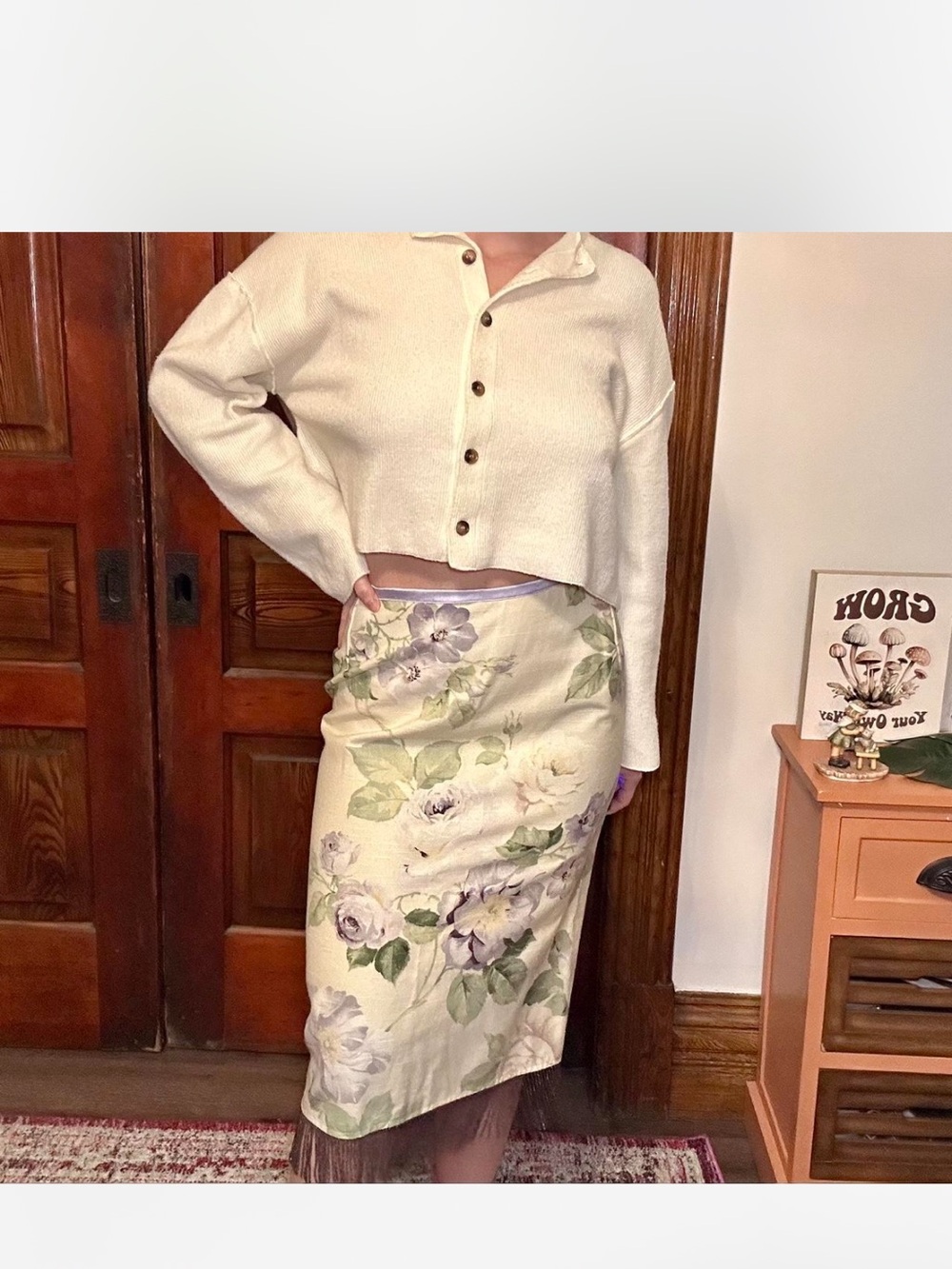 Floral Cream Midi Pencil Skirt